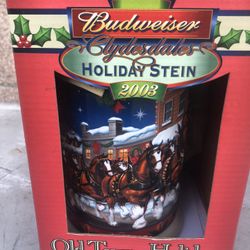 Vintage 2003 Budweiser Christmas Stein Ceramic Beer Mug Old Towne Holiday
