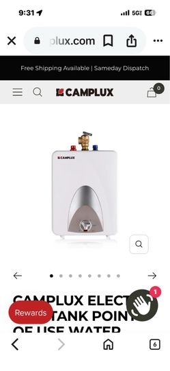 Camplux 2.5-Gallon Mini Electric Tank Water Heater, 1440W, White