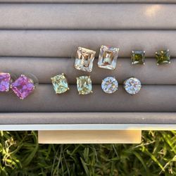 Lot of 5- marked 925 sterling silver 14K Gold Plated Solitaire Stud Earrings Jewelry ALL Gemstones Estate Find Collection Lot Bundle 