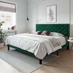 Full Size Bed Frame, Velvet Upholstered Platform Bed with Adjustable Diamond Button Tufted & Nailhead Trim Headboard, Green