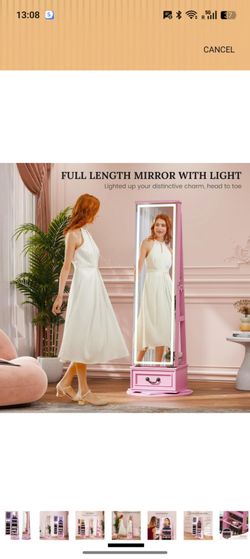 LVSOMT LED Mirror Jewelry Cabinet Standing, 360°Swivel Jewelry Armoire with Full Length Mirror, Mirror with Jewelry Storage and Large Wooden Drawer fo