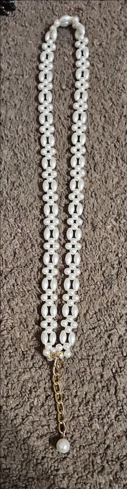 Vintage 17" Double Strand Faux Pearl Necklace Gold Tone Chain Dangle