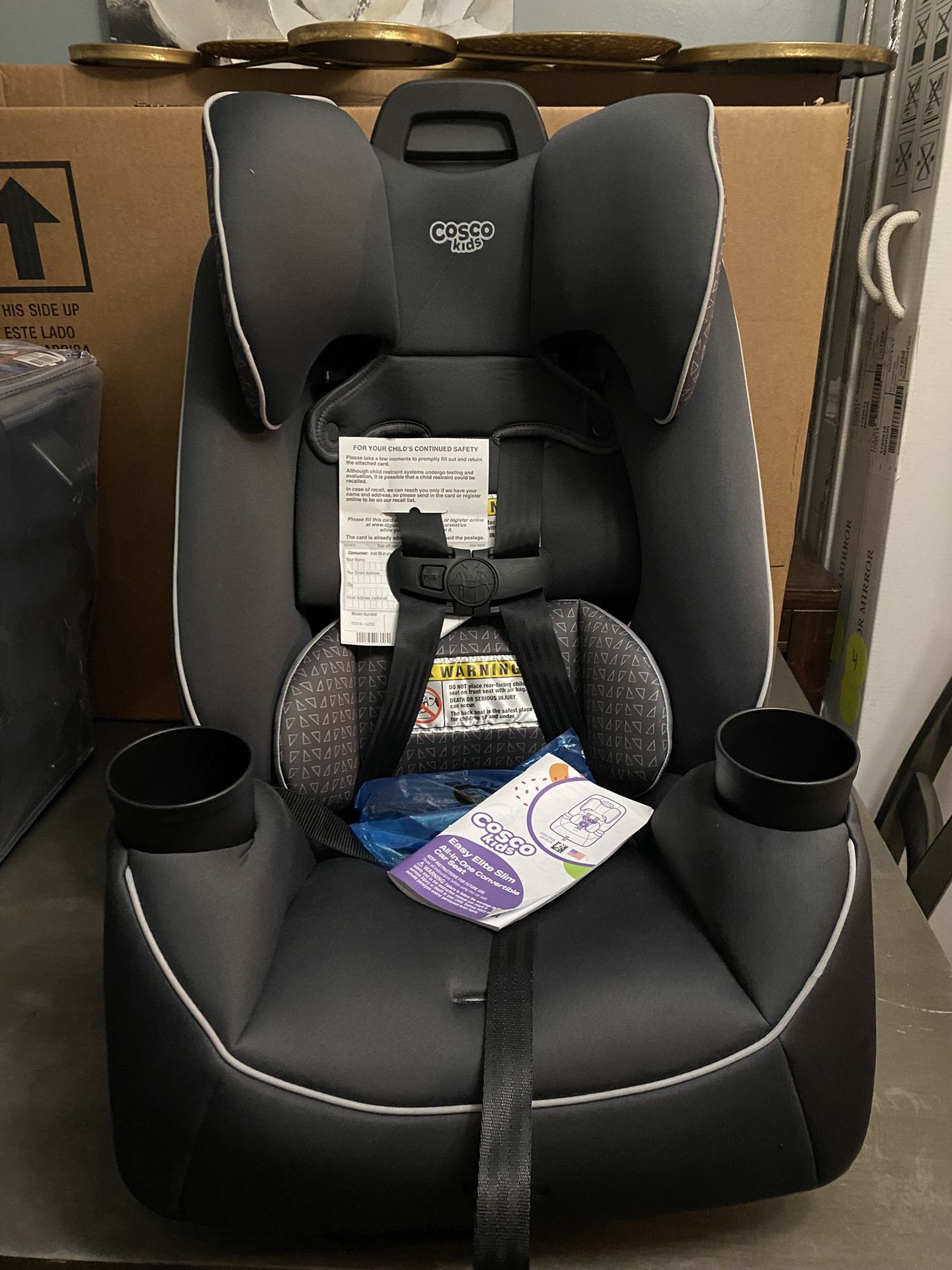 Cosco Kids Easy Elite Slim All-in-One Convertible Car Seat, Infant to Toddler, Unisex, Grey Glyphs