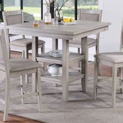 ✅️ 5 pc Wildon studio rustic natural tone,  finish wood and fabric counter height dining table set ✅️✅️