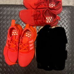 2 used pairs of shoes size 9 and 9.5 adidas triple solar red and adidas red