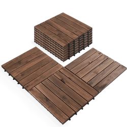 Pack of 10 Deck Tiles - 12"x12" Interlocking Natural Solid Acacia Wood for Outdoor & Indoor, Patio Garden, Balcony, Poolside - Brown Color