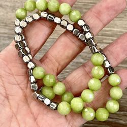 Green And Silver Tone Stretchy Bracelets Bundle Of 2