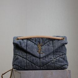 Saint Laurent LOULOU PUFFER Chain Gold - Logo Denim Blue Shoulder and Crossbody Bag for Women