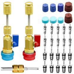 31Pcs R134A Valve Core Quick Remover Installer Tool Set, High Low Pressure AC Valve Core Removal Tool with R134A Valve Core AC Service Port Cap Valve 