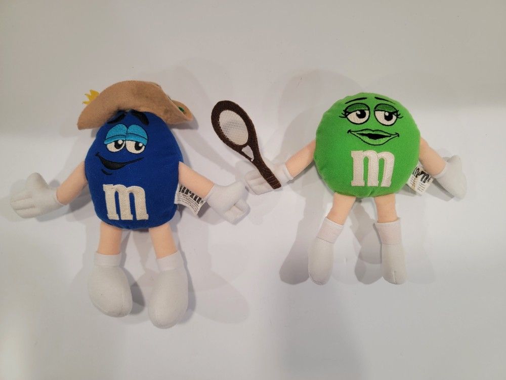 Green & Blue M&M Plush Stuffed Animal Bean Bag Toys ~ Mars, 7.25" & 5.5", Tennis