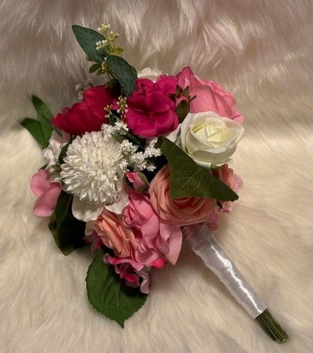 New Bride Or Quinccenita Bouquet Silk Florals Pinks And White, See Photos