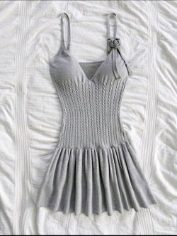 Gray Cable Knit Mini Dress with Flower Detail