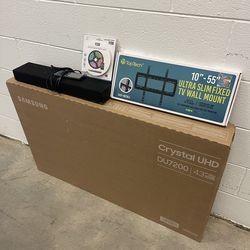 4 ITEM BUNDLE DEAL - BRAND NEW 43” SAMSUNG 4K SMART UHD TV + VIZIO SOUNDBAR + BRAND NEW WALL MOUNT + BRAND NEW LED LIGHTS