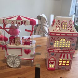 Ceramic House and Wood Candy Cart