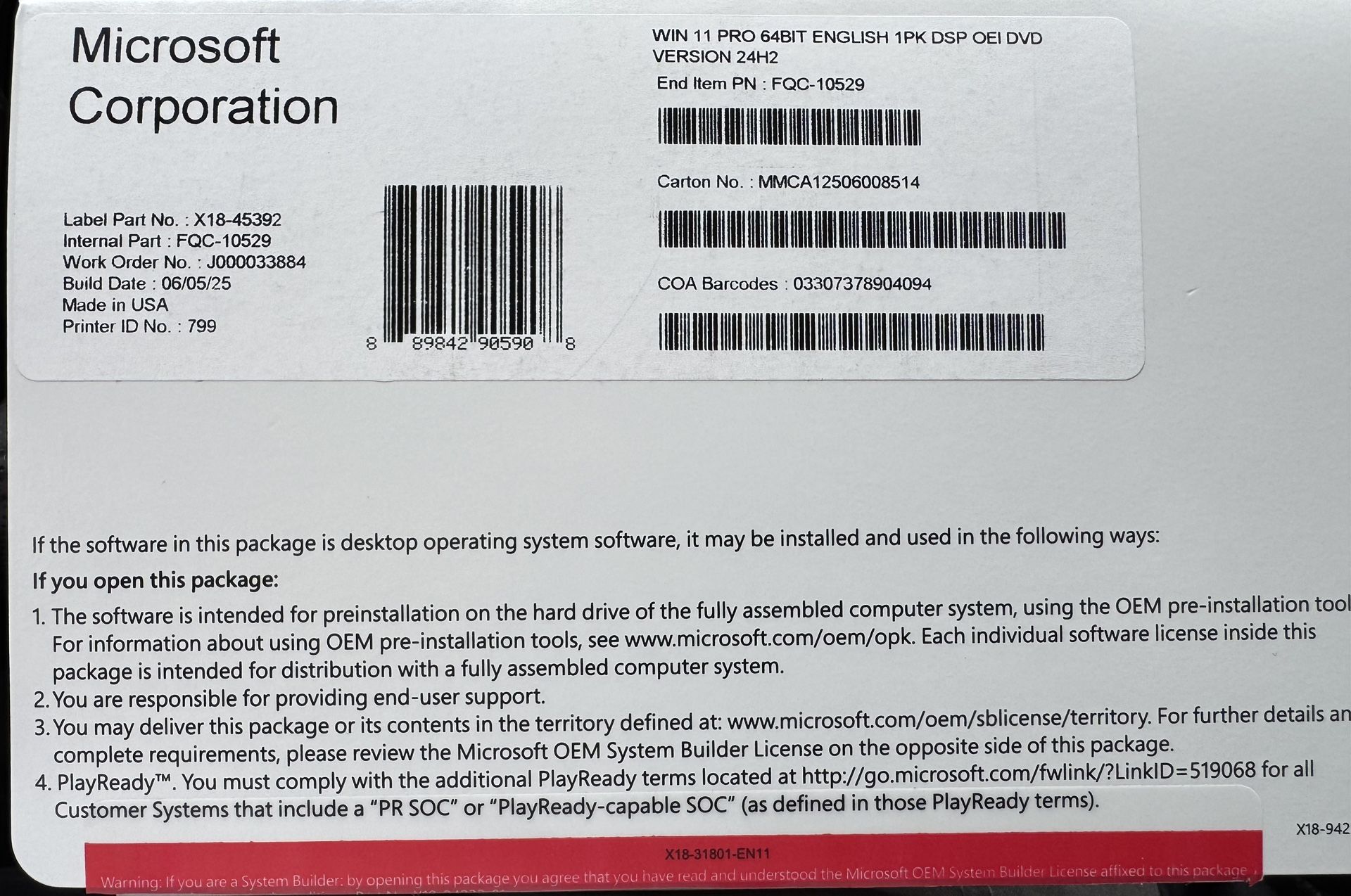 Windows 11 Pro 64-Bit Microsoft Licenses (7 total) - $50/each