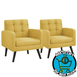 Yaheetech Modern Fabric Tufted Arm Accent Chair with Rubber Wooden Leg for Living Room, Yellow Set Of 2