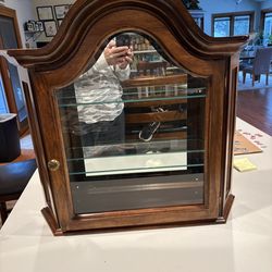 Vintage wooden curio cabinet w/ arched curved top & 2 glass shelves wall mount or table top display case for smalls, collectibles and trinkets. Excell