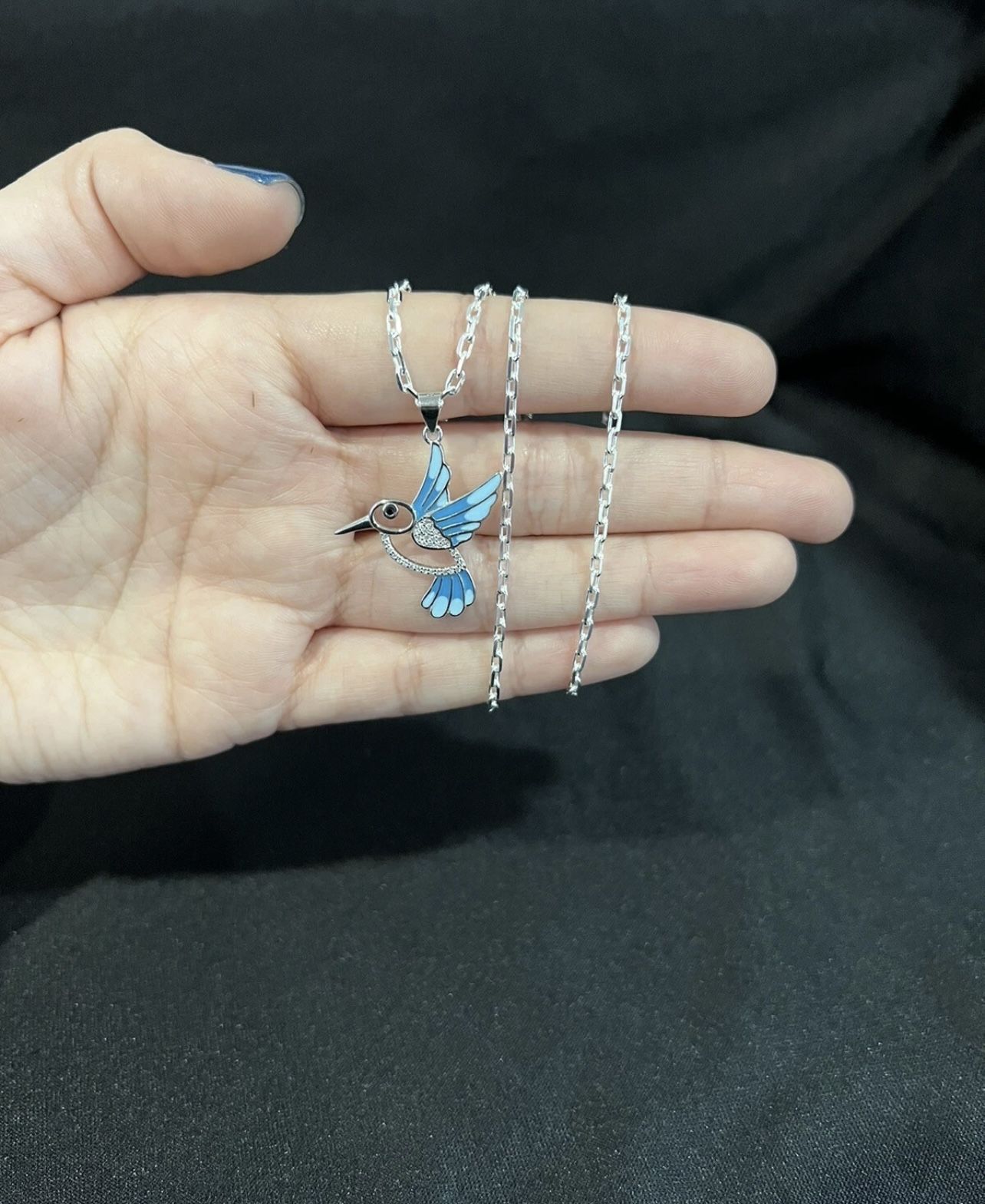 925 Sterling Silver Womens Blue Humming Bird Pendant & Forz Chain