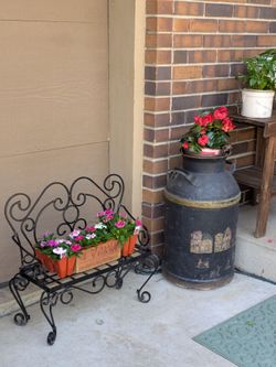 Vintage Cottage Charm Black Wrought Iron Mini Bench Planter Plant Stand