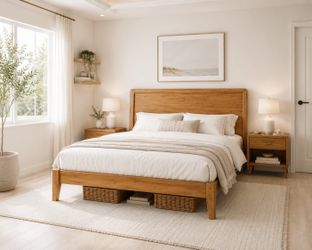 Queen bed Size Bamboo Sleigh Bed Frame Wood Platform Bed, Mid Century Modern Bed Frame with Tall Headboard, Solid Wooden Slat Support, No Box Spring N