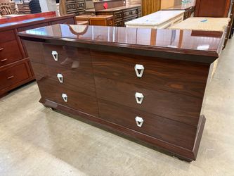 Dark High Gloss Lacquered 6 Drawer Lowboy Dresser with Silver Geometric Drawer Pulls