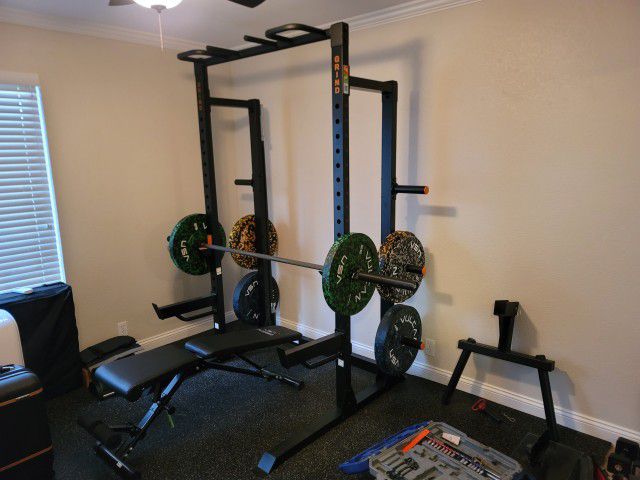 Squat Bench Rack Grind Fitness CHAOS 4000 + gym floor tiles 8'x10' + Rogue Ohio Power Bar + Vulcan Olympic Weight Set 230lbs