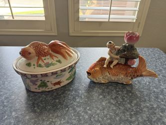 Koi Ceramic Candy Bowl And Koi With Boy Figurine 