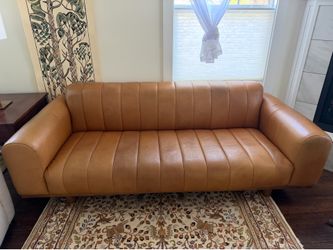 Caramel leather mid-century style couch sofa
