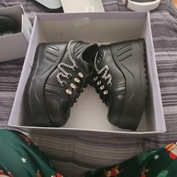 Woman Chain Decor Lace-Up Front Shoes, Punk Black Oxford Shoes