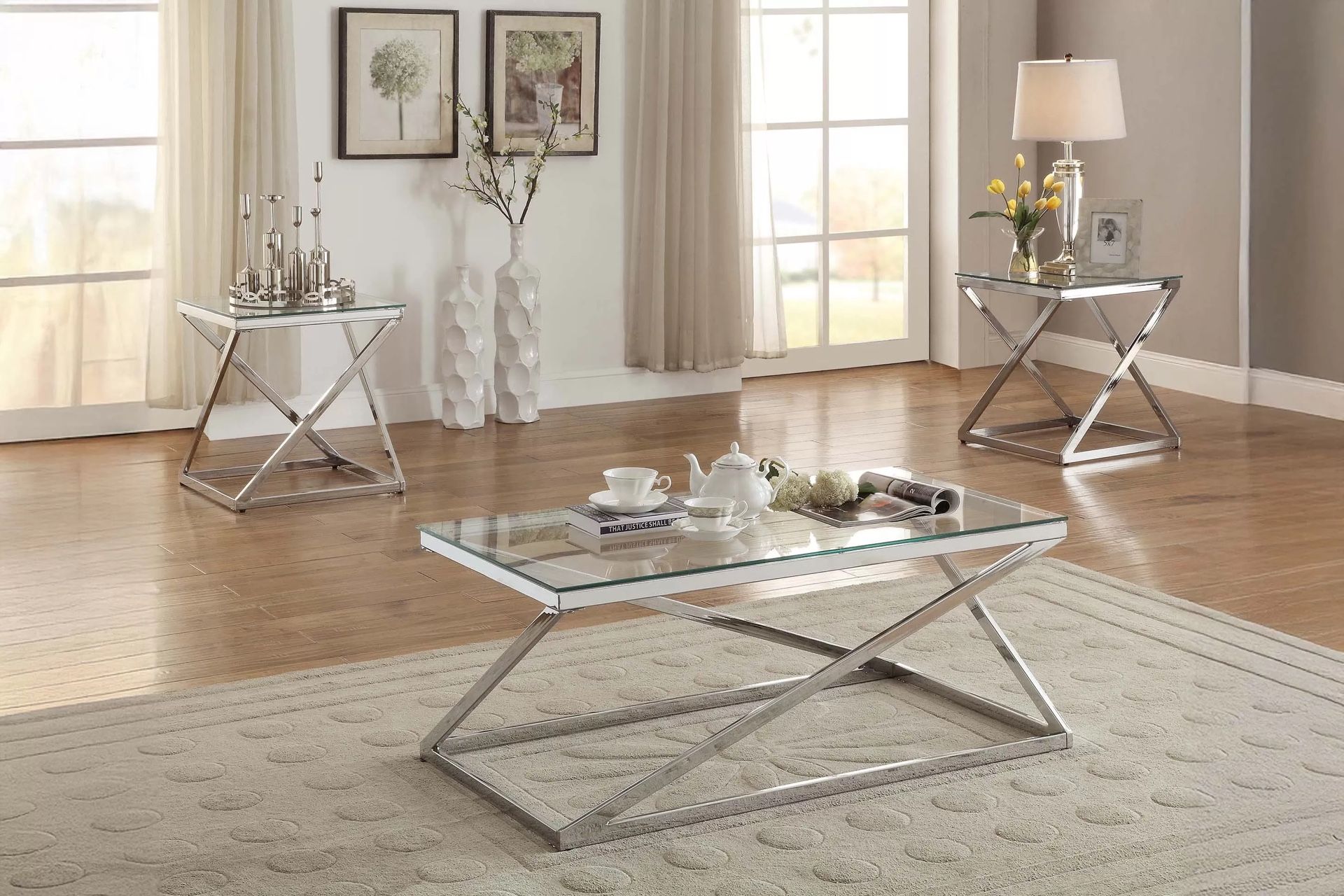 3 Pieces Set Metal And Glass Coffee Table And End Tables