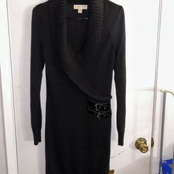 Michael Kors Sweater Dress with Cowl Neck Black Buckles on Side Knit Sz S