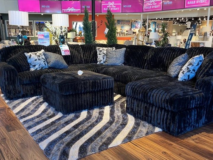 Take Home Pay Later Only $39 Down Payment 🌟 Madness Black Color Corduroy Fabric Sectional Couch Set 🌟 Fast Delivery