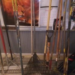 (24) COMMERCIAL/ NORMAL RAKES,  PITCH FORKS, AND MORE SELLING TOGETHER FOR CHEAP
