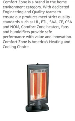Comfort Zone Oscillating Flat Panel Halogen Heater (Model CZHTV9-EC, SKU 125119), featuring dual heat settings (400W and 800W)