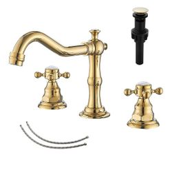 GGStudy 2 Handles 3 Holes Faucet Widespread Bathroom Sink Faucet Polished Gold Basin Tap Mixer Supply Hose Included Matching Metal Pop Up Drain