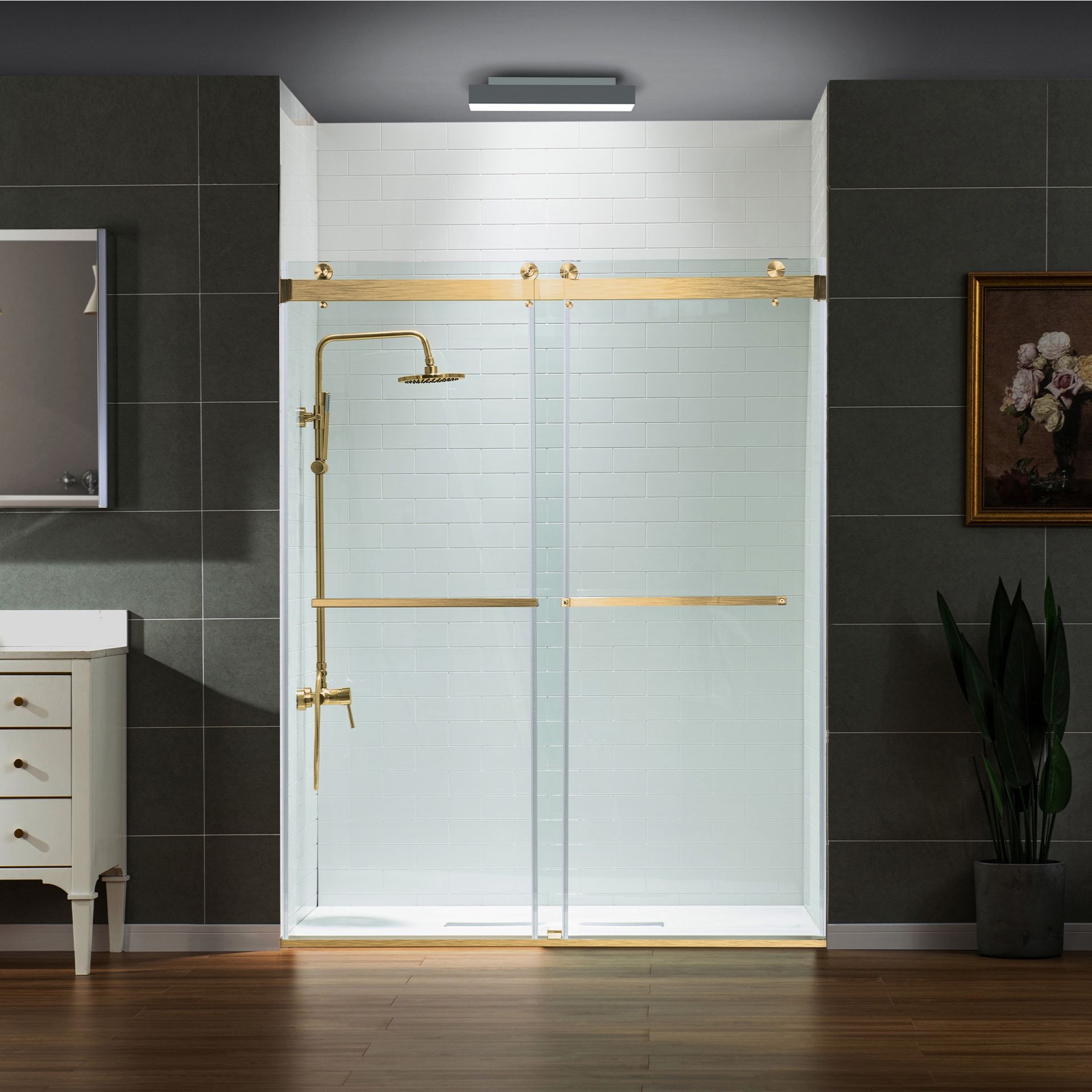 DDS-6076-BG Frameless Shower Doors 56-60" Width x 76" Height with 5/16"(8mm) Clear Tempered Glass in Brushed Gold Finish, Double Sliding with Side Se
