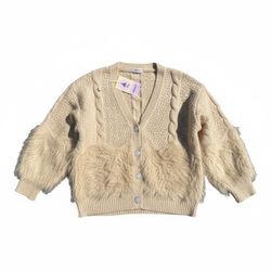 Beige Cardigan With Faux-Fur Panels