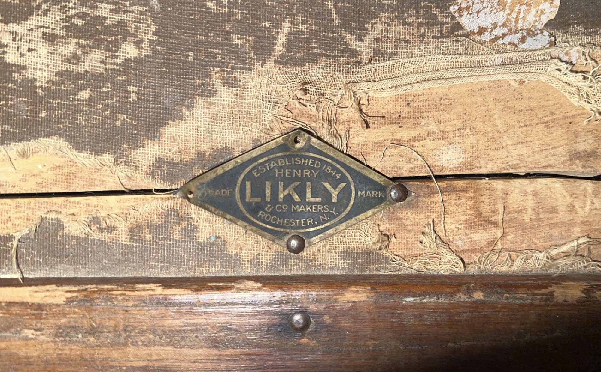 Antique Henry Likly Flat Top Leather Strap Wooden Slat Steamer Trunk Chest