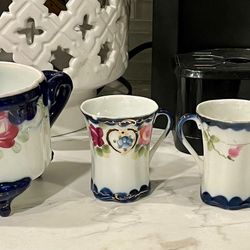 Antique footed jardiniere planter and 3 cups