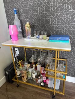 Gold and White Marble-look Bar Cart