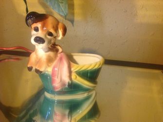Vintage royal copley puppy in basket planter