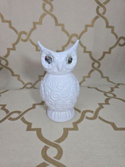 Vtg White Ceramic Owl Vase Rhinestone Eyes 8” Embossed Floral M Ashland Style