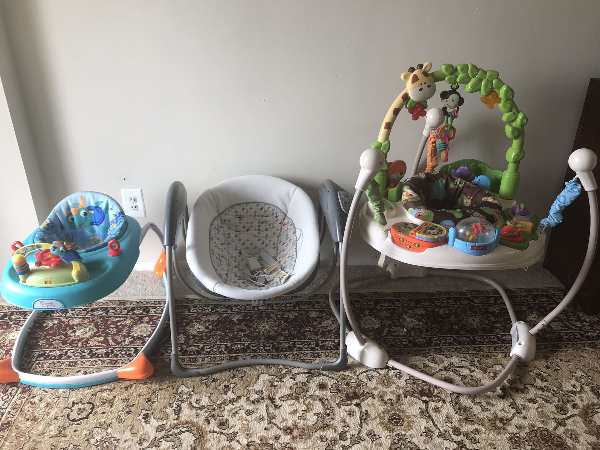 Baby walker, baby swing and jumping. Just used for seven month it’s like new yet. For $100