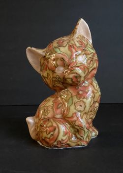 Handpainted Ceramic Cat Floral Design Green Orange Peach Vintage Unique