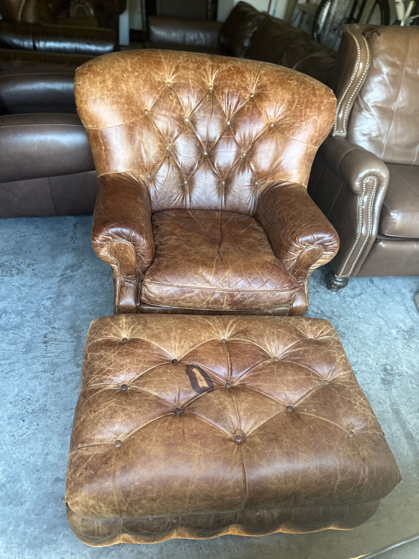 (ITS AVAILABLE) QUALITY TUFTED LEATHER WRITER'S CLUB CHAIR AND OTTOMAN