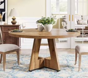 XK00546X Round Dining Table for 4, 47" Wood Kitchen Table Farmhouse Dinner Table No Chairs