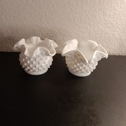 GORGEOUS VTG Fenton Pair of Milk Glass Hobnail 4" Ruffled Rose Bowls.

