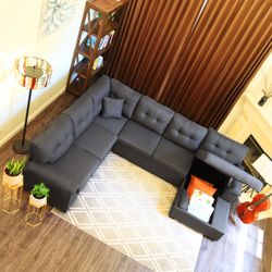 118" 5-Seat Fabric U-Shaped Left Facing Sectional Sleeper Sofa Upholstery with Storage Chaise and Pull Out Sleeper