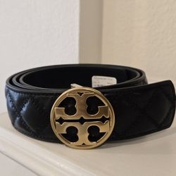 Brand New Black Tory Burch Willa Quilted Belt With Gold Logo Buckle. Size M