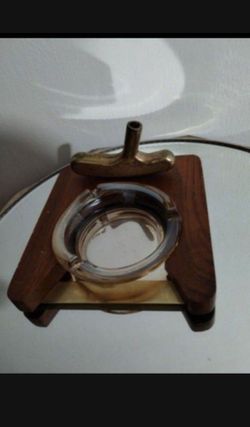 VINTAGE WOOD - GLASS - BRASS ASHTRAY/ PEN HOLDER 6"×6" - AQ99